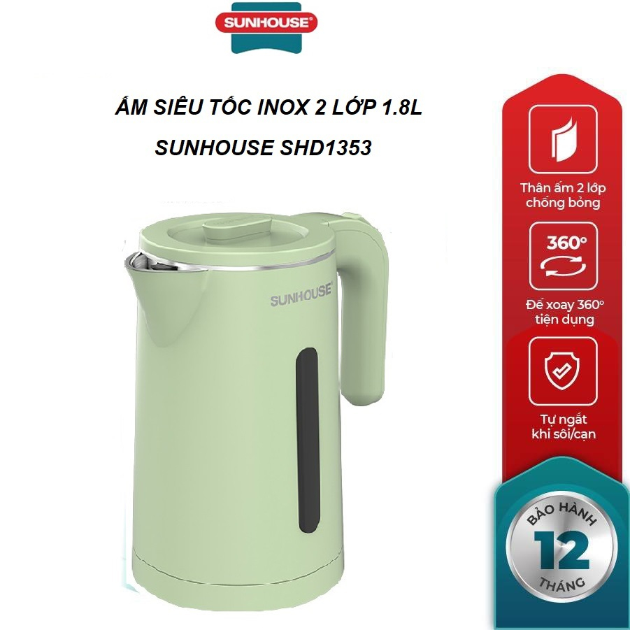 Ấm siêu tốc inox 2 lớp 1.8l sunhouse shd1353