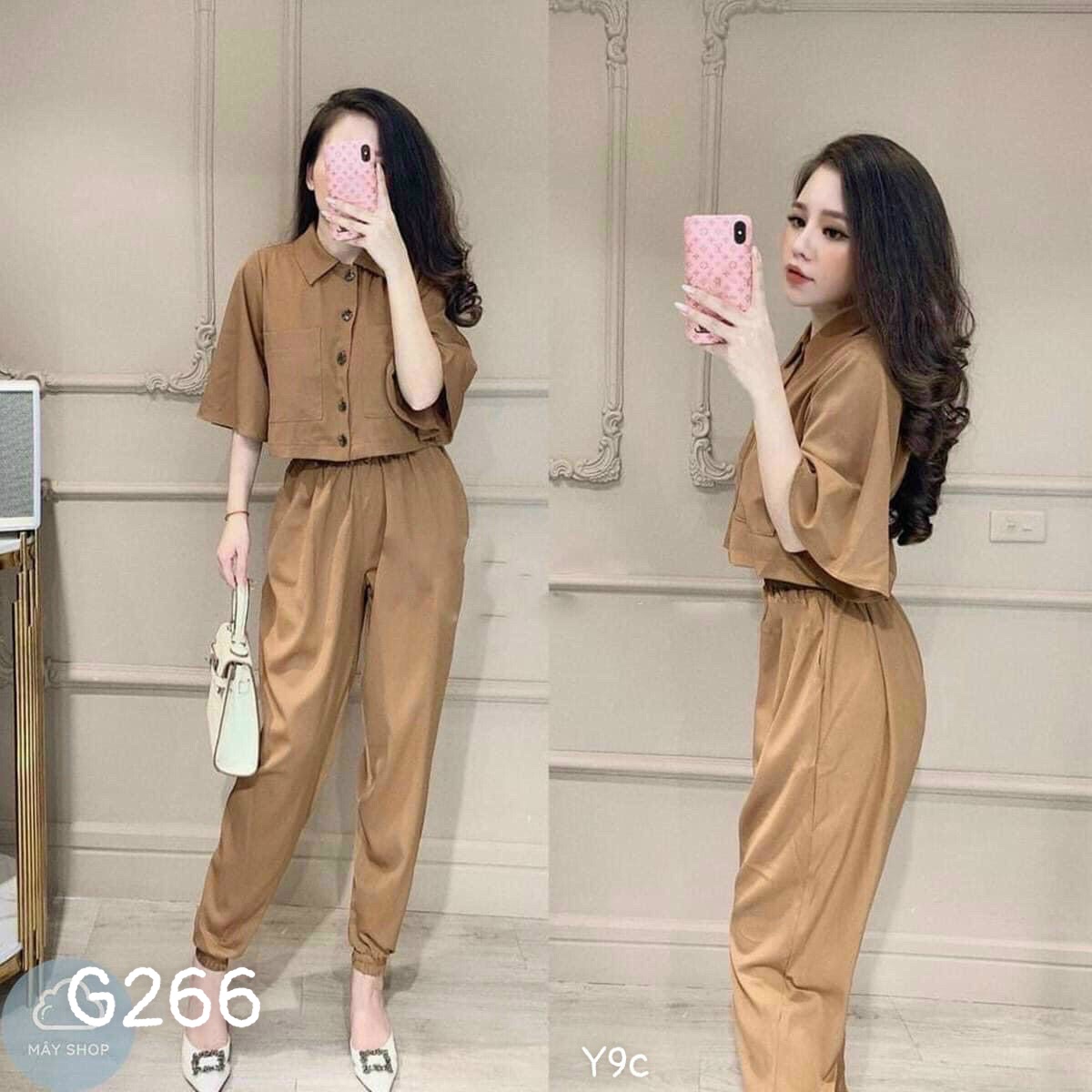 Set kate lụa dạo phố áo cổ sơmi quần ống túm cao cấp g266