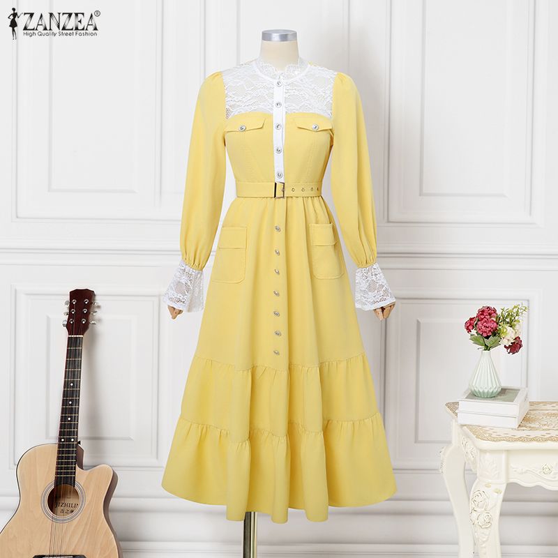 ZANZEA%20Korean%20Style%20Women%20Fashion%20Stand%20Collar%20Full%20Sleeve%20Dresses%20Stitching%C2%A0Color%20Lace%20Patchwork%20Loog%20Dress%20#1020%20-%20Image%205
