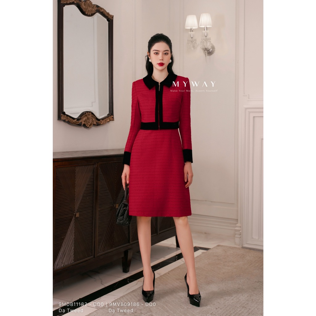 Set áo đầm dạ tweed my way dáng a viền đen sang trọng 9mdb11182 -9mvb09186 do0