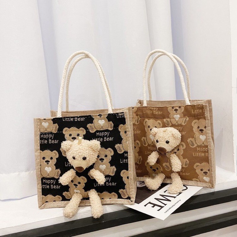 Túi cói hoạt hình mini size túi phong cách vintage túi du lịch - cói gấu-jl