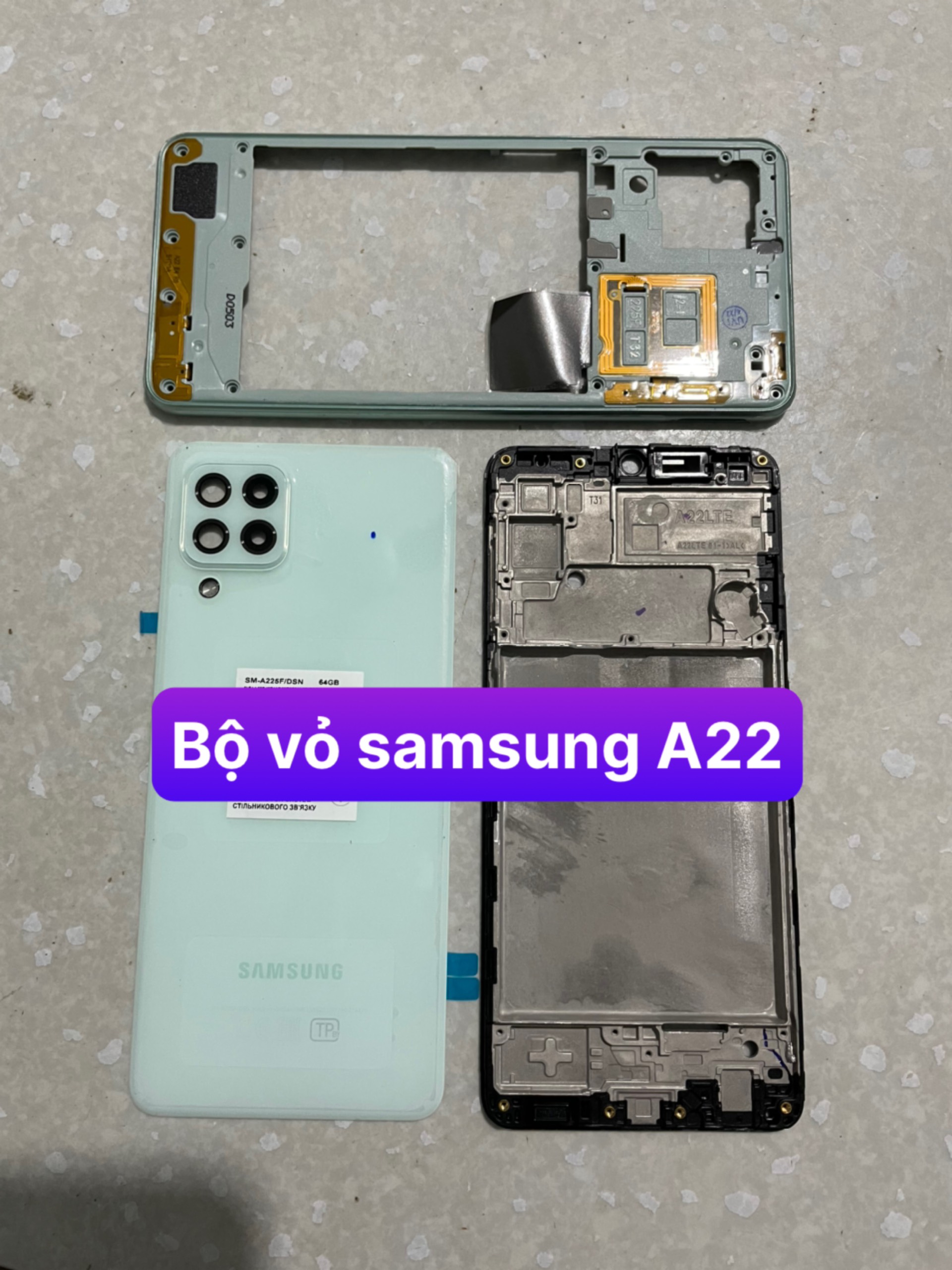 Bộ vỏ samsung A22 zin ( gồn lưng,sườn,benzen,kính cam,nút bấn)