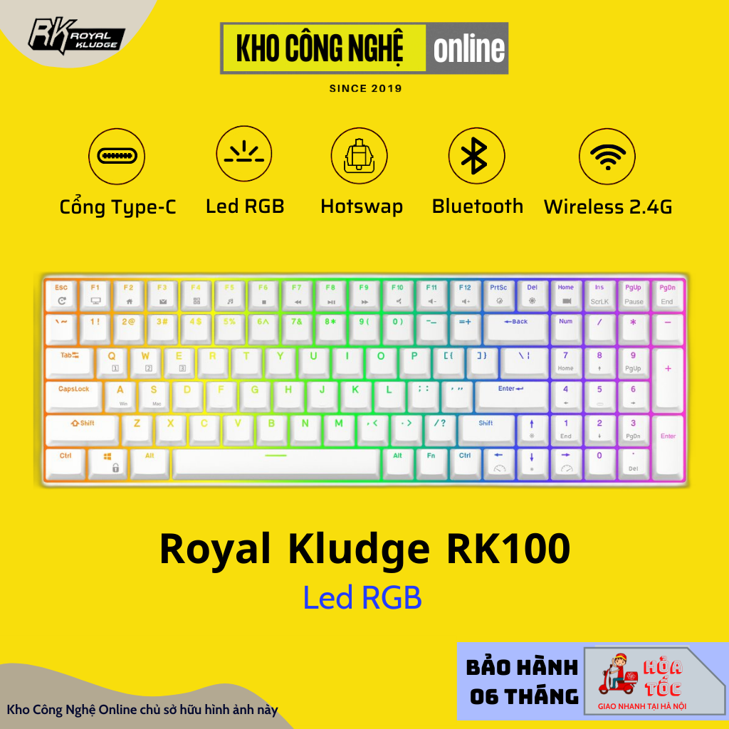 RK100 - Bàn phím cơ không dây RK100 RK860 Wireless 2.4G + Bluetooth 5.0 + Có dây Type C + Hotswap thay nóng các Switch