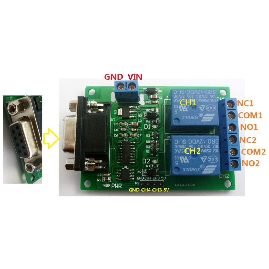 Tb351 2 kênh DC 12V cổng nối tiếp mô-đun Rơle Máy tính để bàn USB RS232 DB9 RS485 UART Bảng công tắc điều khiển từ xa nhà thông minh