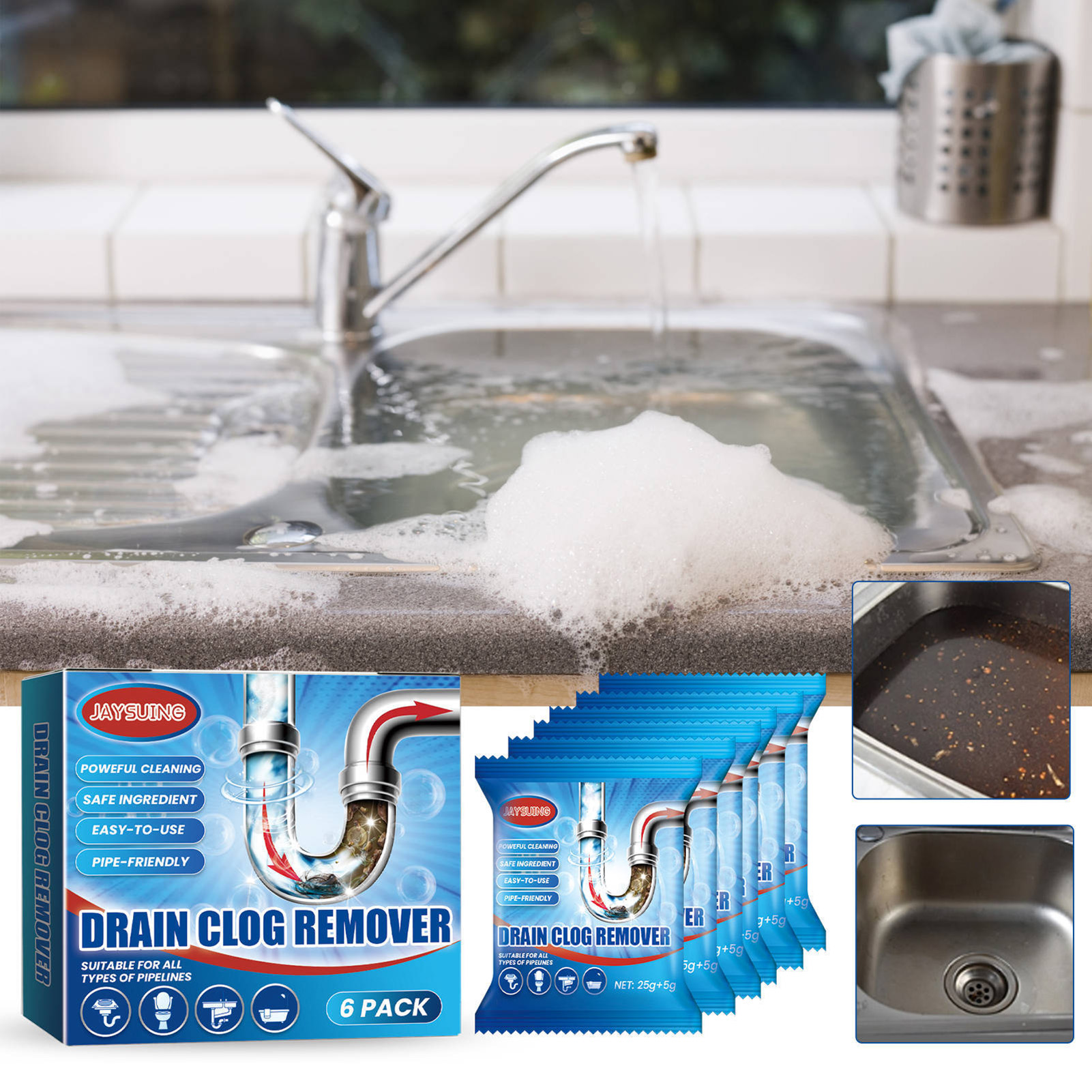 Emachinery hiệu quả Que thông cống hiệu quả phân hủy sinh học thoát nước dụng cụ lấy vật gây tắc nghẽn cho nhà bếp phòng tắm 6 cái/hộp Tóc ống thân thiện dung dịch cọ bồn rửa chống tắc nghẽn khử mùi bột