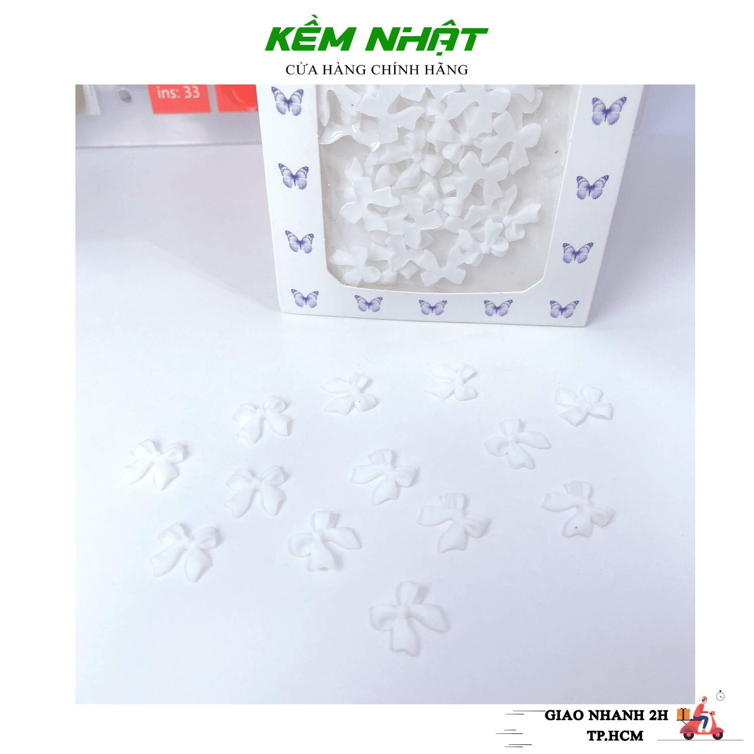 Set Charm Nơ Trắng Đính Móng 01