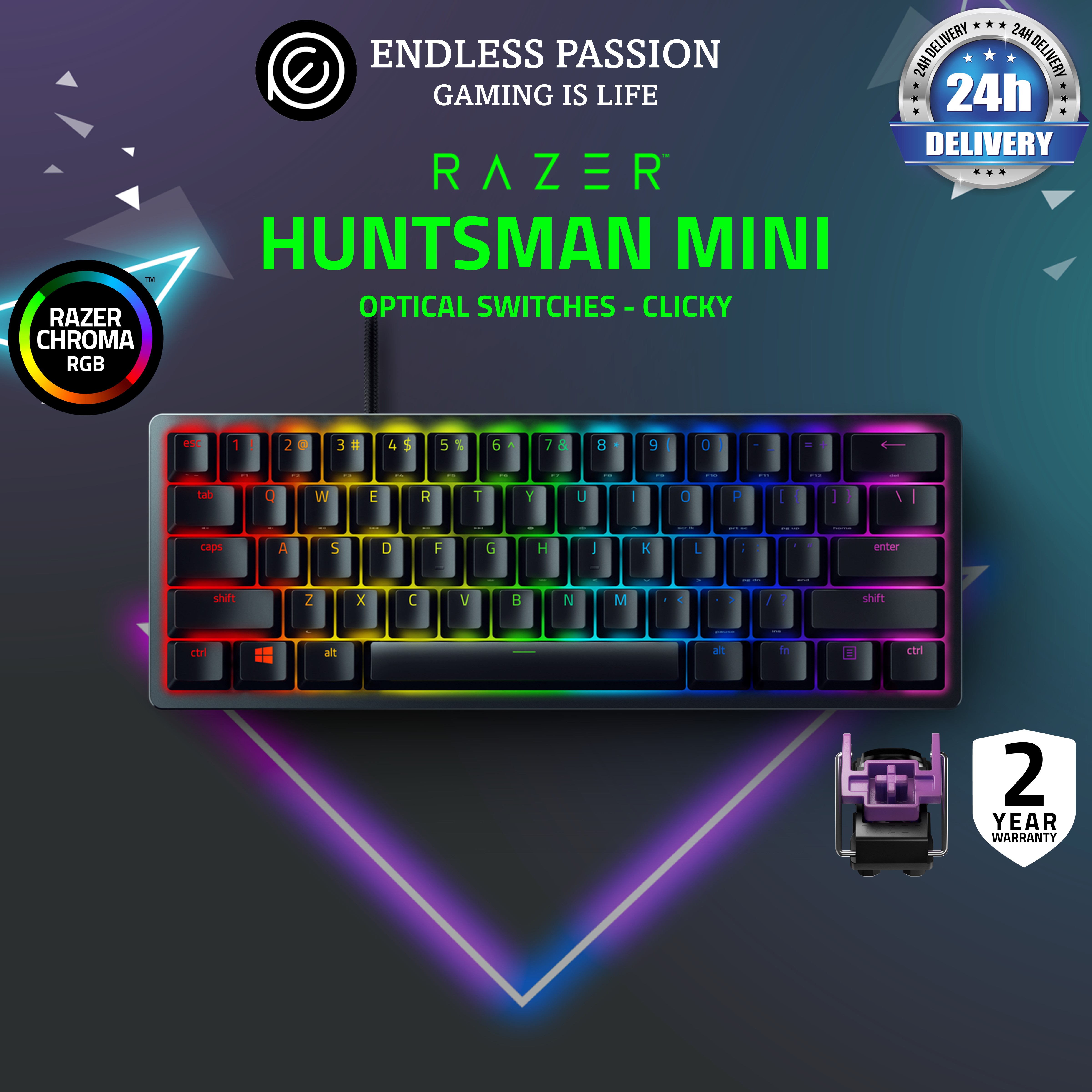 Razer Huntsman Mini 60% Gaming Keyboard: Fastest Keyboard Switches Ever  Clicky/Linear Optical Switches Chroma RGB Lighting PBT Keycaps Onboard  Memory Classic Black Lazada Singapore