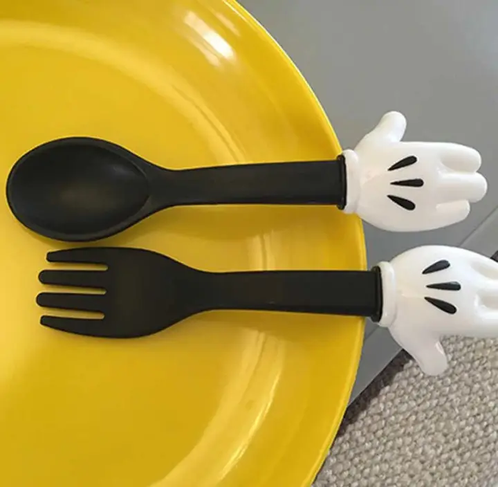 Mickey Hand Design Fork Spoon 2pcs Set Cute Baby Kids Training Children Cutlery Tableware Utensils