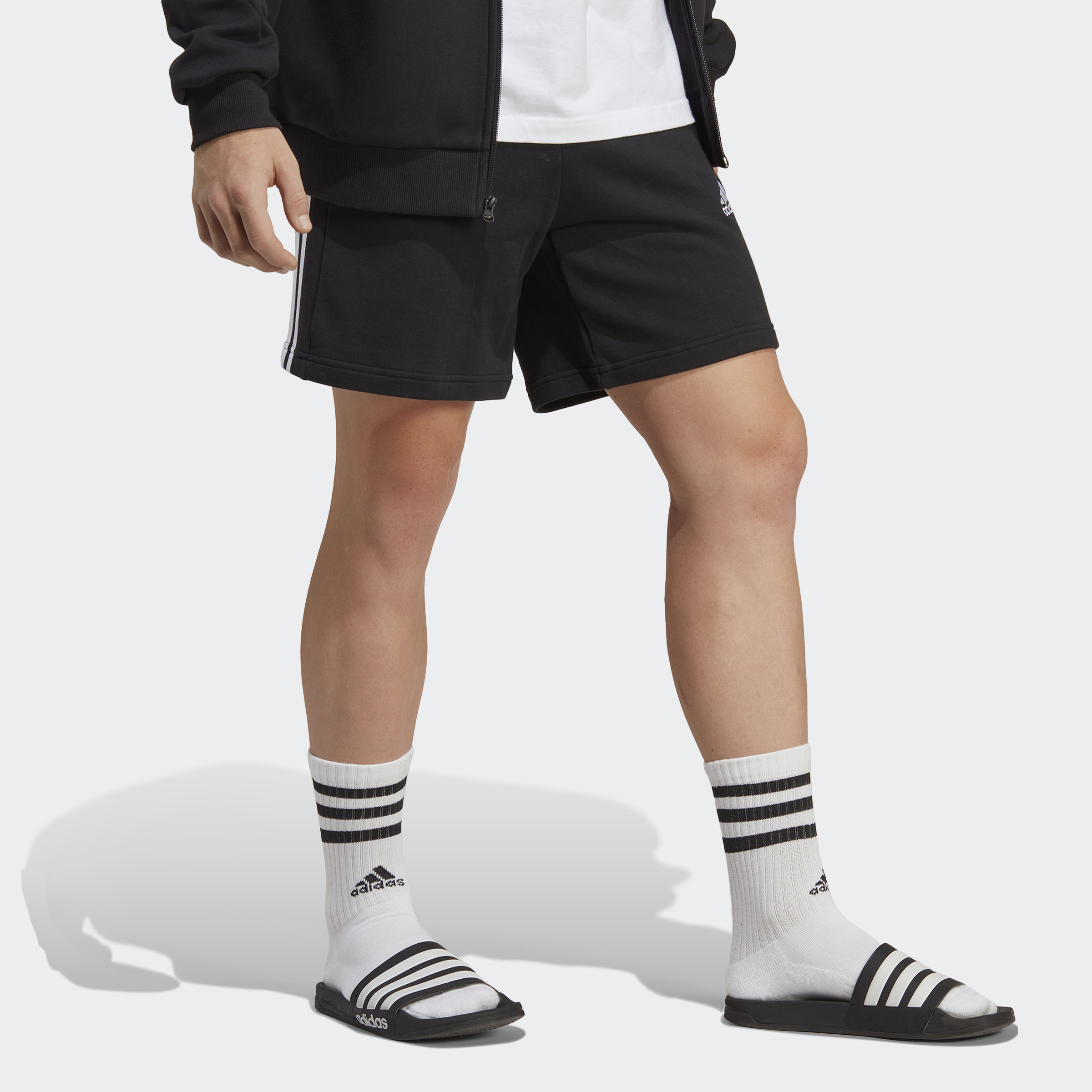 Adidas phong cách sống quần short 3 sọc vải thun da cá essentials nam đen ic9435
