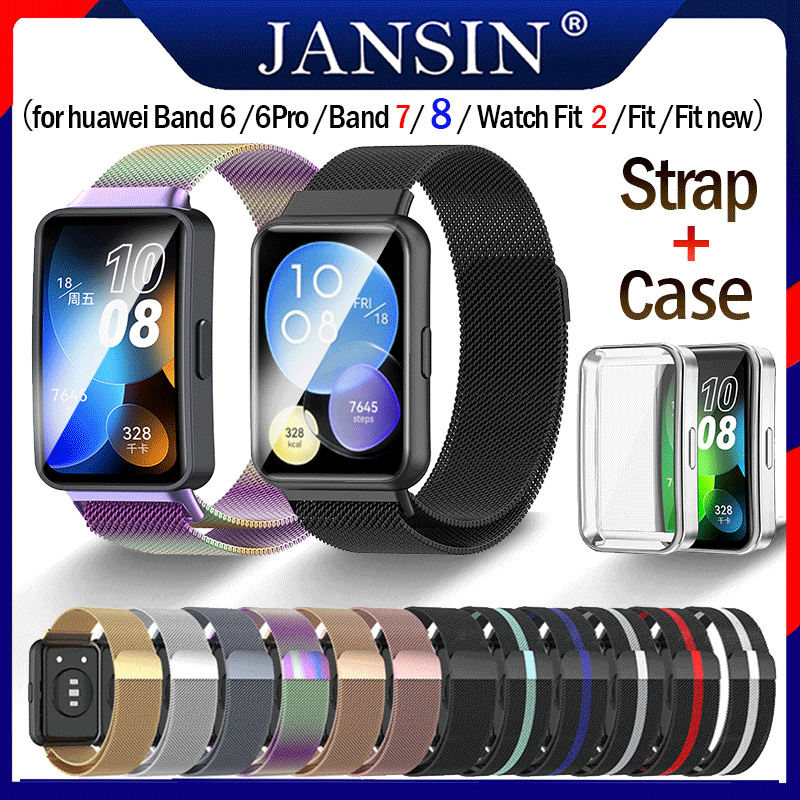 Milanese strap+case for huawei band 9 /band 8 /band 7 /Band 6 / 6 Pro smart band protective case for huawei Watch Fit 2 Stainless steel metal Milanese loop band for huawei Watch Fit New /Watch Fit