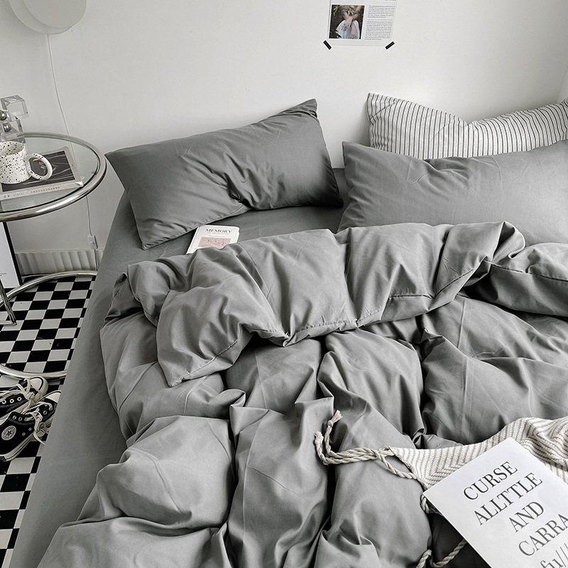 Solid color double washed cotton four-piece set thickened brushed three-piece bedding