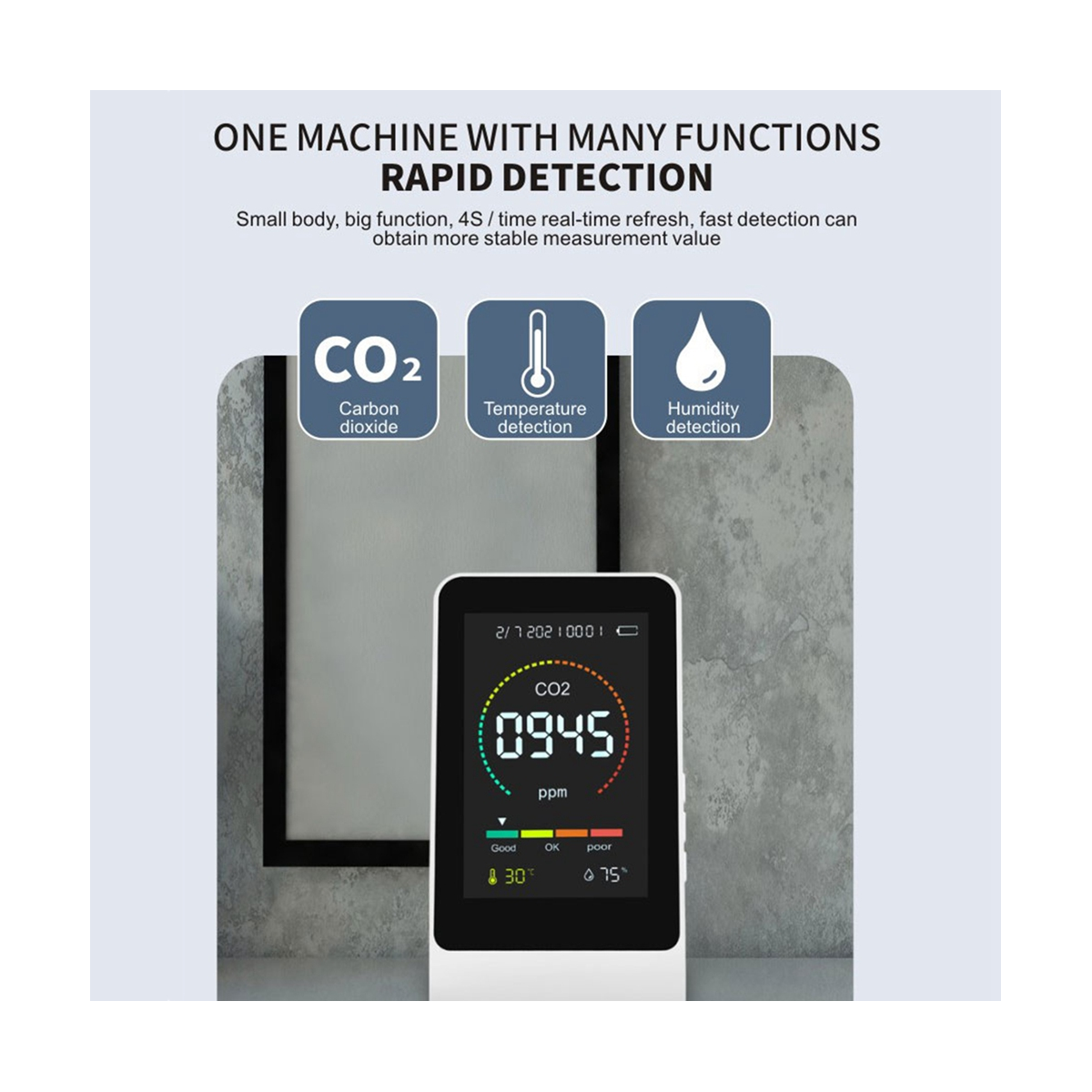 1Set 3 In1 CO2 Meter Smart Air Quality Detector Digital Temperature Humidity Sensor Tester (Black)