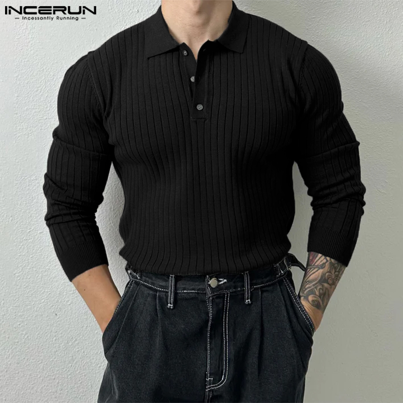 INCERUN Mens Long Sleeve Formal Casual Lapel Tops Leotard Plain Knitted Sweater Button Up Pullover (Korean Style)
