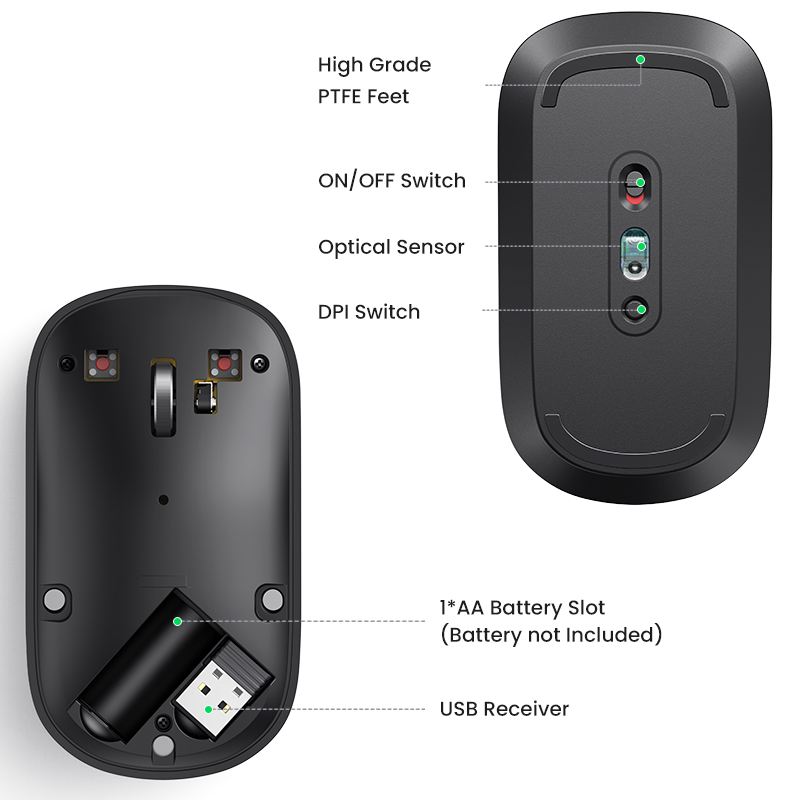 【2.4G】UGREEN MU001 Wireless Mouse 2.4G Silent Computer Mouse with USB Receiver, Ultra Slim Optical Cordless Wireless Mouse, 4000 DPI, Small Flat Portable Mice for PC, Laptop, Computer, Chromebook, MacBook Model:90372
