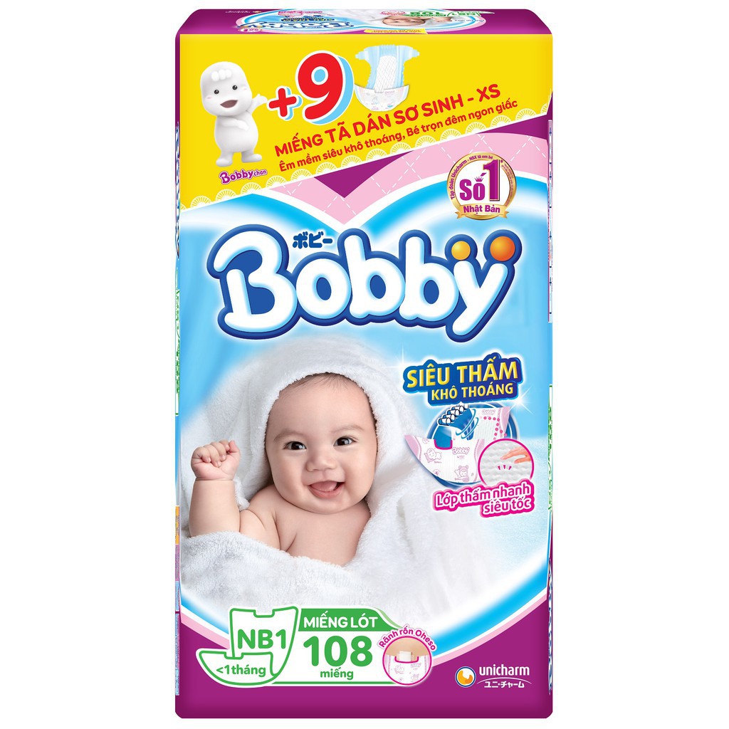 Miếng lót sơ sinh Bobby NewBorn 1-108 miếng (Tặng 6 miếng tã dán sơ sinh)