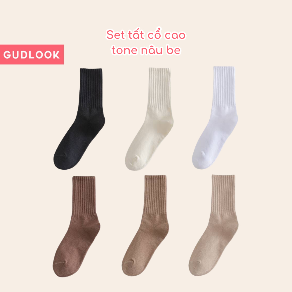 Set 5 Đôi Tất Cao Cổ Màu Basic GUDLOOK Gân Tăm Vintage