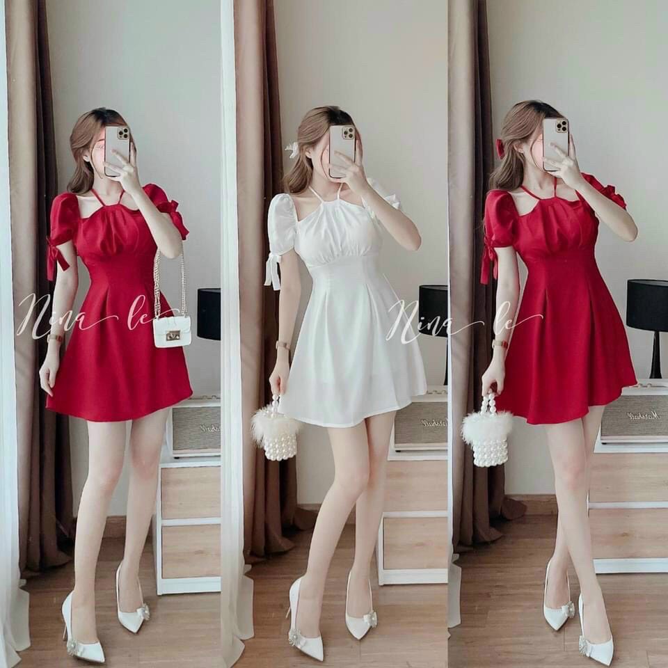 Đầm Cổ Yếm Tay Cột Nơ (có mút ngực)