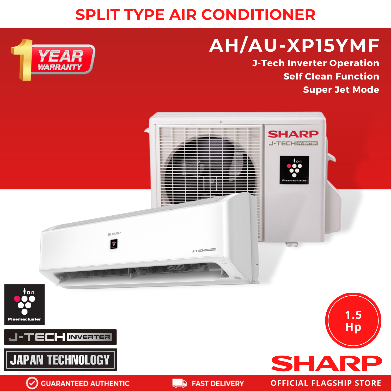 Sharp AH-XP15YMF/AU-X15YMF HP J-Tech Inverter Split Type Air  Conditioner (Standard)