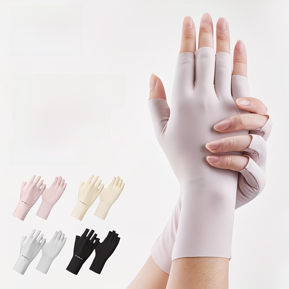 WRELS Ice Silk Sunscreen Gloves Cool Summer Solid Mittens Half Finger Sleeves Elastic Thin Women UV Protection Driving Gloves