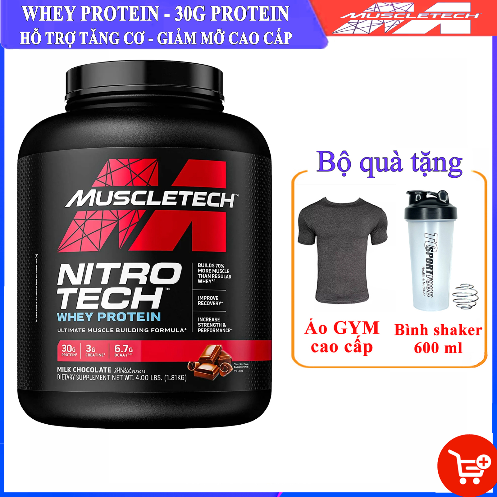 [TẶNG BÌNH VÀ ÁO] Sữa tăng cơ cao cấp Whey Protein Nitro Tech của MuscleTech hộp 40 lần dùng hỗ trợ tăng cơ giảm cân đốt mỡ cao cấp thumbnail