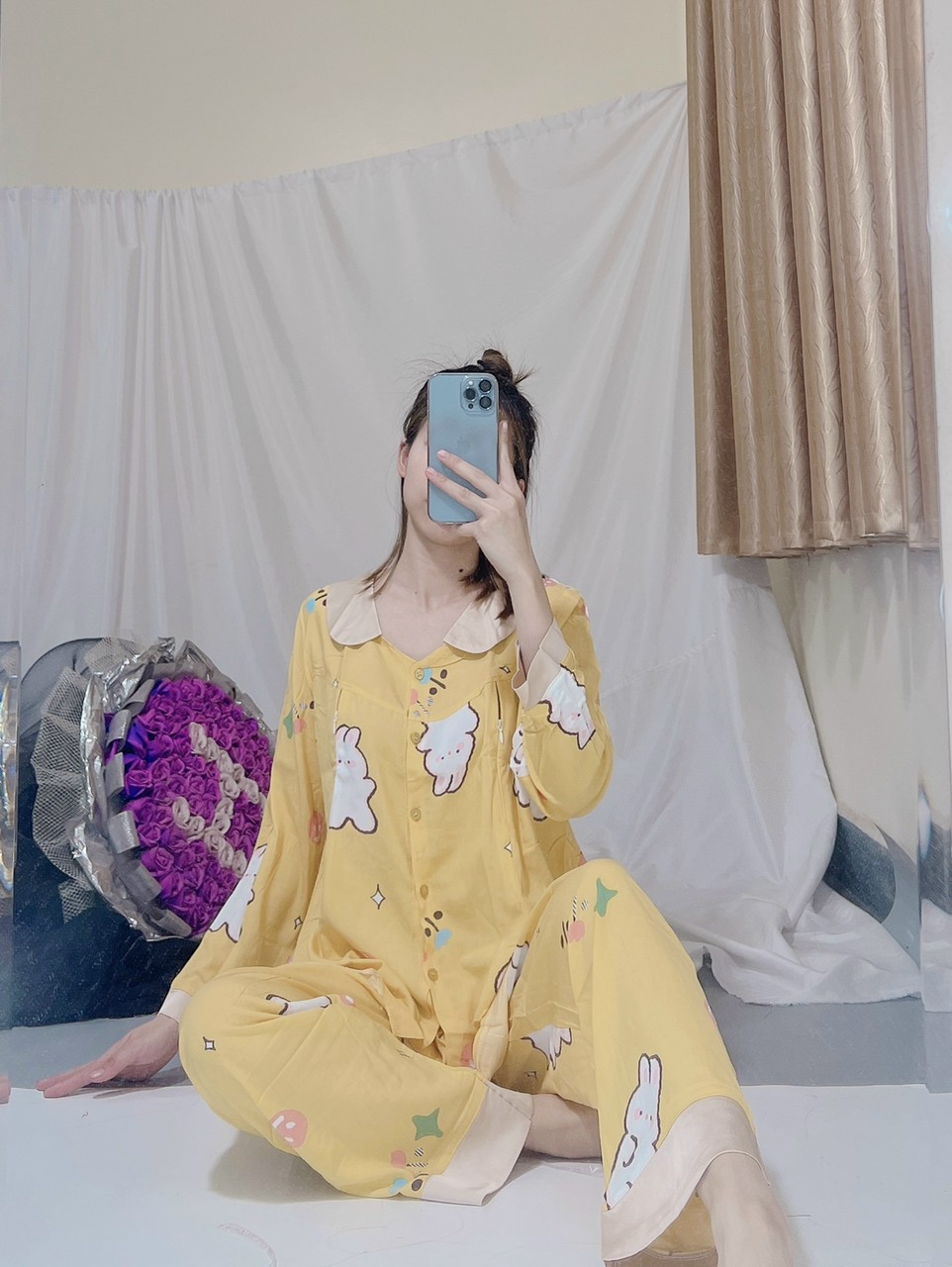 Bộ Pijama sau sinh lụa lanh Dài Tay mặc 2 chức năng bầu và sau sinh có khóa cho con bú