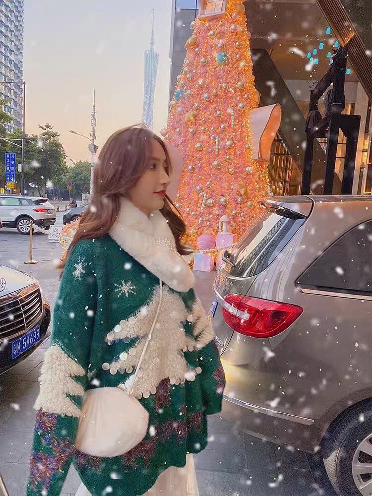 MS1304 Áo len Noel nữ oversize, áo len Giáng sinh cây thông