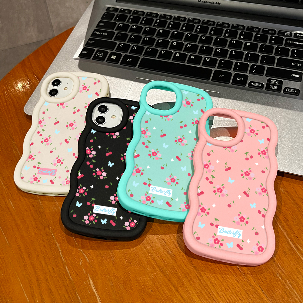 TA for Infinix Smart 7 Tecno Spark Go 2023 Pop 7 Pro Back Cover Macaron Wave Soft Silicone Mobile Phone Cover Cherries and Flowers Pattern Case. 