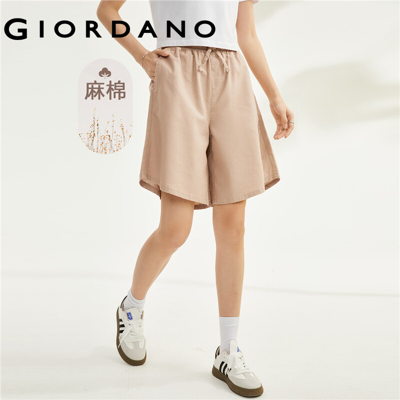 GIORDANO Women Shorts Linen Cotton Lightweight Summer Relaxed Shorts Elastic Waist Loose Comfort Fashion Casual Shorts 13403321