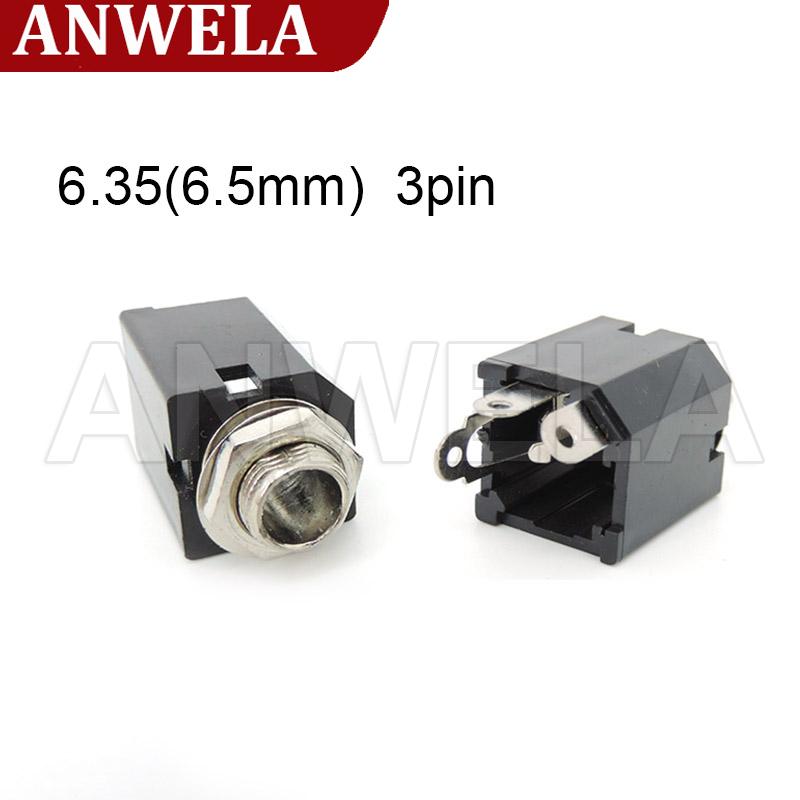 Anwela shop 2pc pj-612a 3pin 6.35mm 6.5 mono female power jack panel mount solder nut headphone connector socket 1/4 inch audio microphone