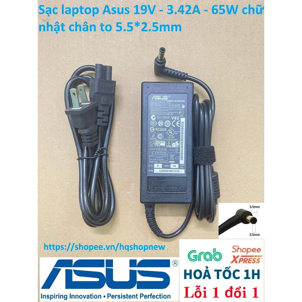 ️ sạc laptop asus 19v - 3.42a - 65w chữ nhật chân to 5.5*2.5mm