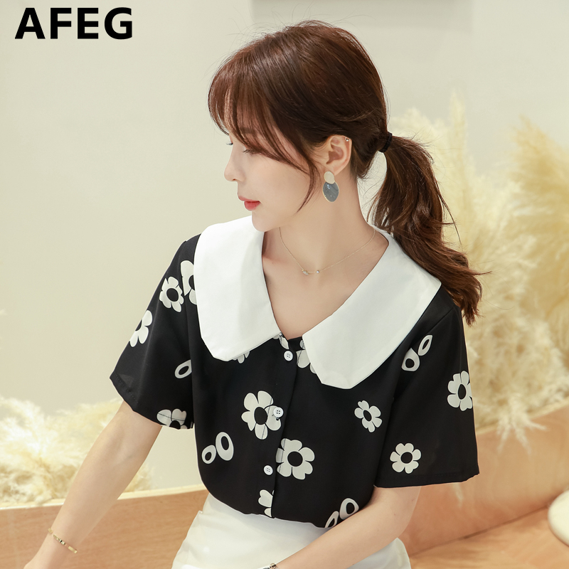 AFEG new Korean style fashion loose all-match temperament flower print chiffon short-sleeved blouse for women