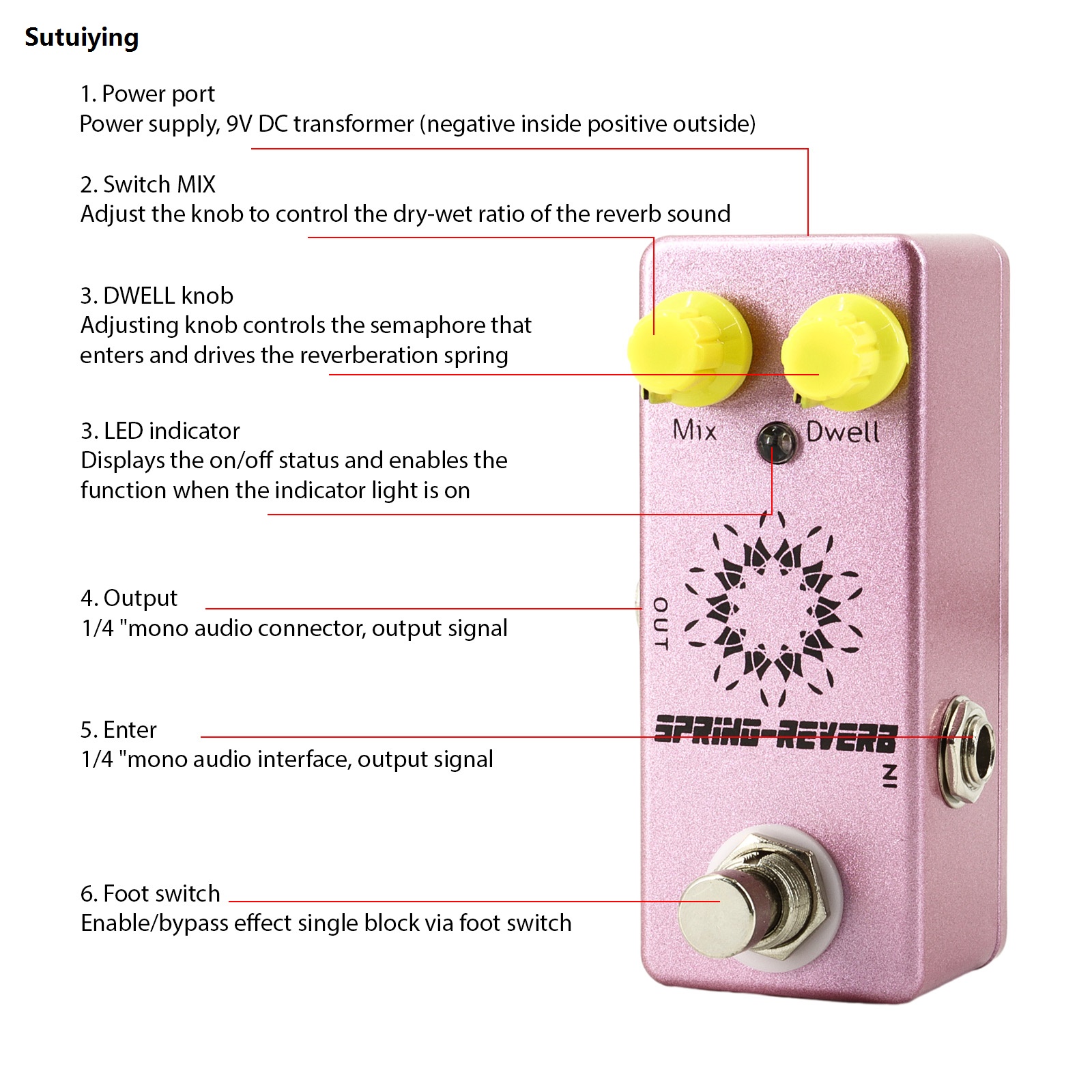 Sutuiying%20Guitar%20Spring%20Rever%20Pedal%20Electric%20Guitar%20Effects%20Pedal%20True%20%E3%80%902025%20Version%E3%80%91%20Bypass%20DC%209V%206.35mm%20Input/Output%20Interface%20MIX/DWELL%202%20Knobs%20-%20Image%2010