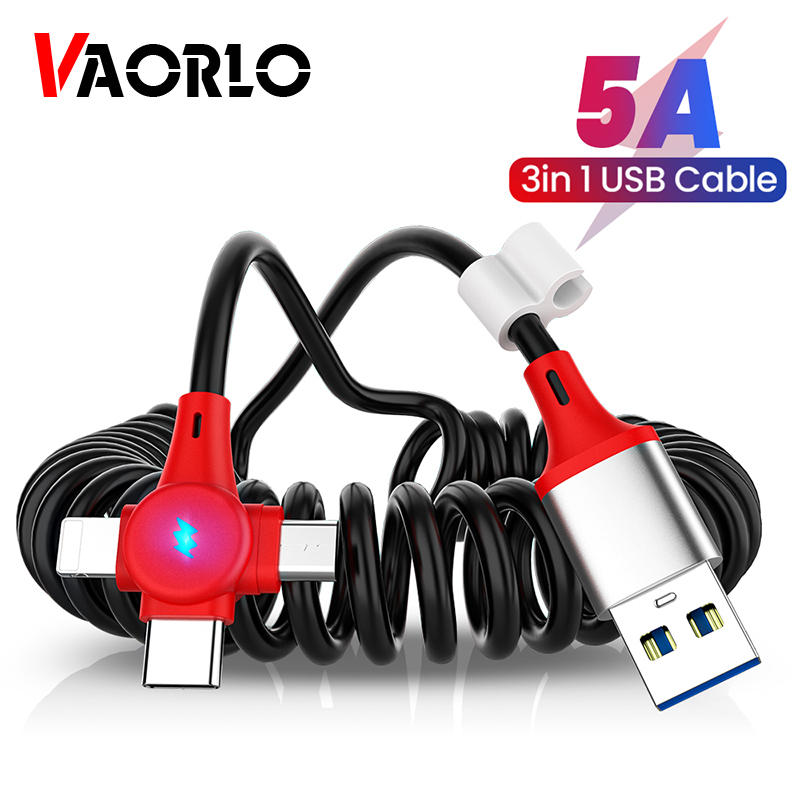 VAORLO Cáp USB Lò Xo 3 Trong 1 Cáp Sạc Nhanh 5A Có Thể Thu Vào 1.8M Dây Sạc Nhanh Type-C/Micro USB/Lightning Cáp Dữ Liệu Điện Thoại