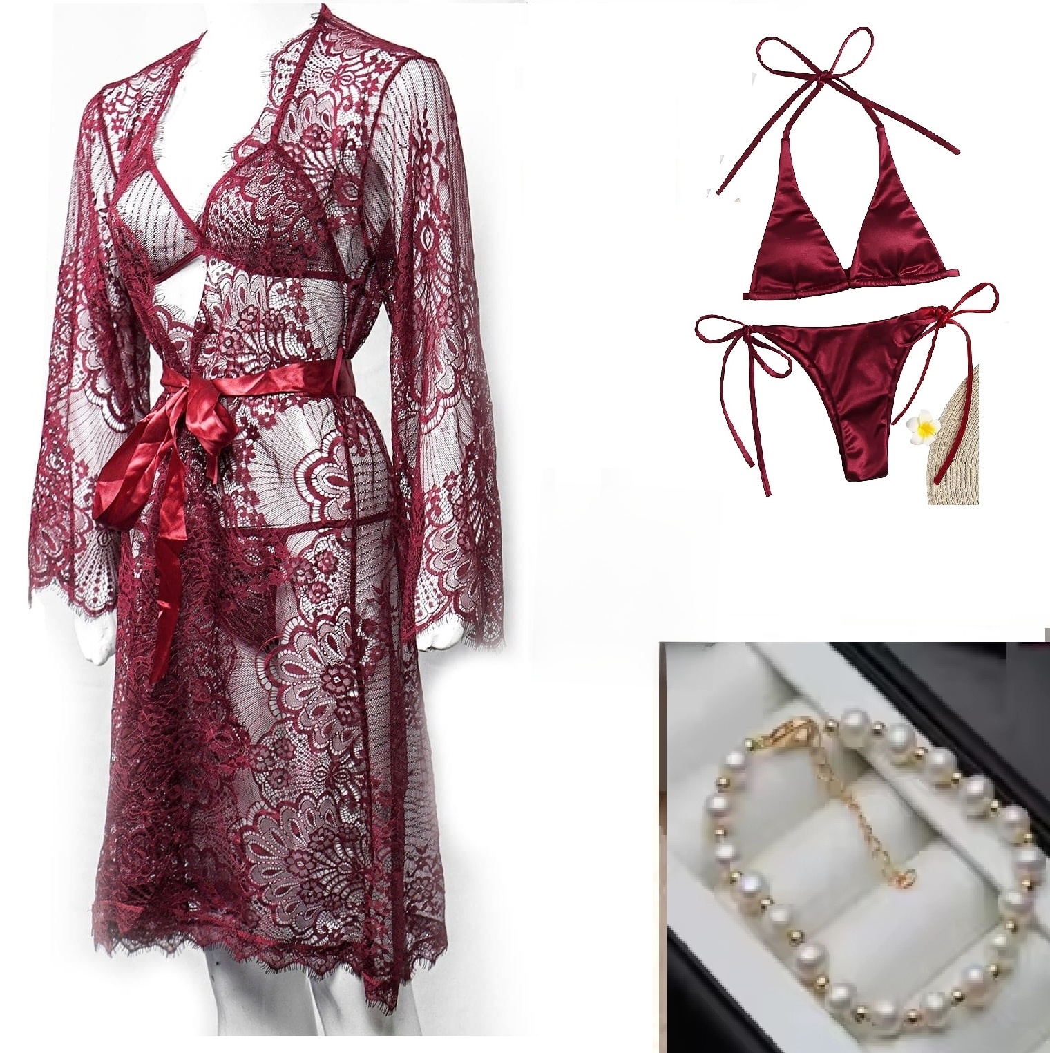 Pack of 04 - High Qaulity Lace Net See Through Bridal Nighty Set Pratiharye Valentine Special! Babydoll Nightwear Net Robe/Chemise with Bikini Set | Hot & Saxy | for Honeymoon/First Night Anniversary for Women/Girls Best gift with Amazing Band.,,.