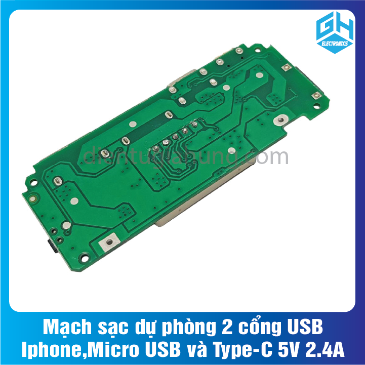 Mạch sạc dự phòng 2 cổng USB, Iphone, Micro USB và Type-C 5V 2.4A