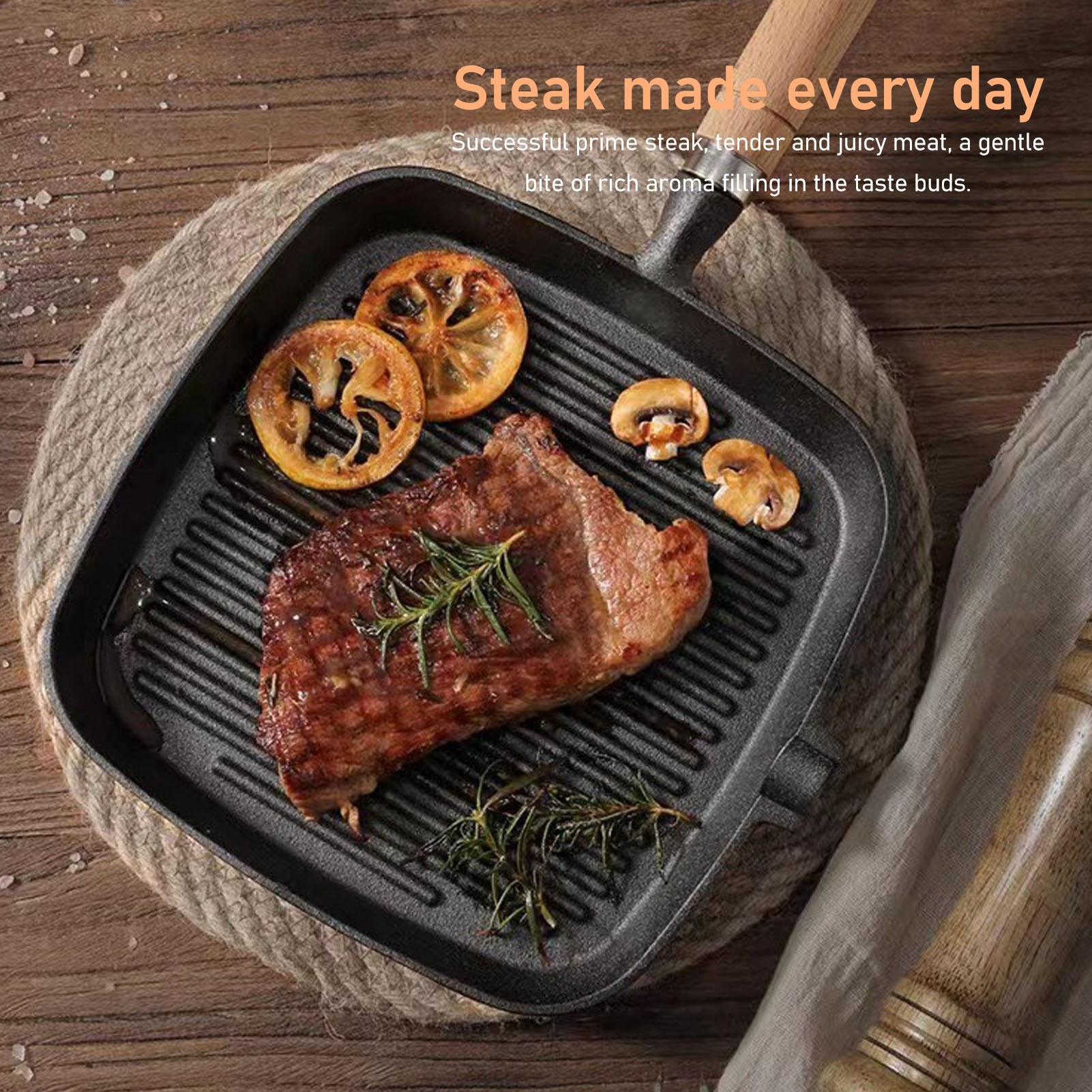 Cast Iron Pan Cast Iron Skillet Wooden Handle for Steak