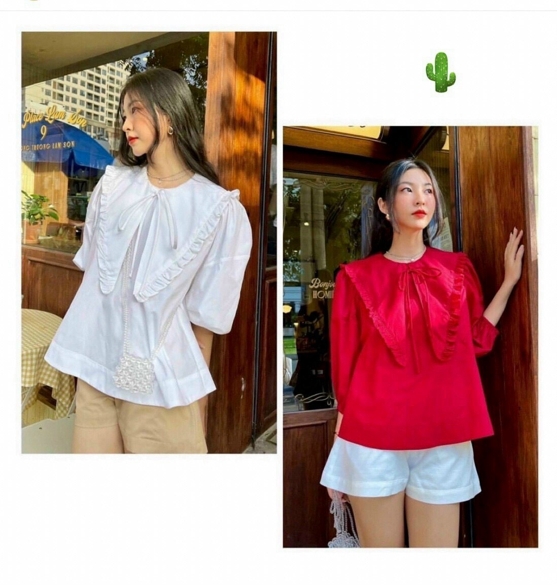 Áo sơ mi cổ bèo tiểu thư nữ tay lỡ vạt lệch kiểu dáng babydoll siêu xinh xắn
