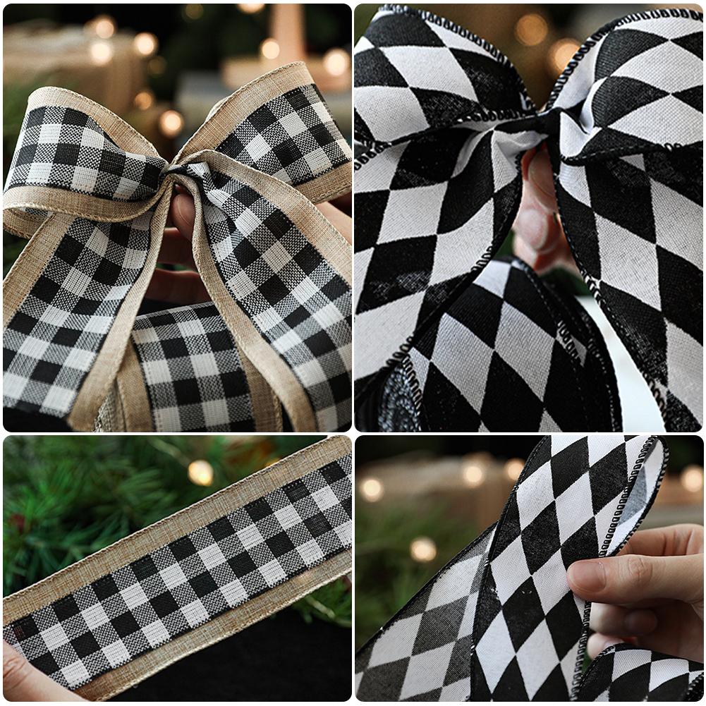 JM 2M/Roll Craft Ribbon Imitation Ribbon Wire Wire Edge Linen Ribbon Christmas Decoration Black and White Snowflake Plaid Ribbon. 