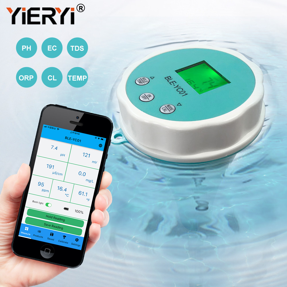 yieryi Bluetooth 6 in 1 PH/TDS/EC/ORP/CL/TEMP Meter Water Quality