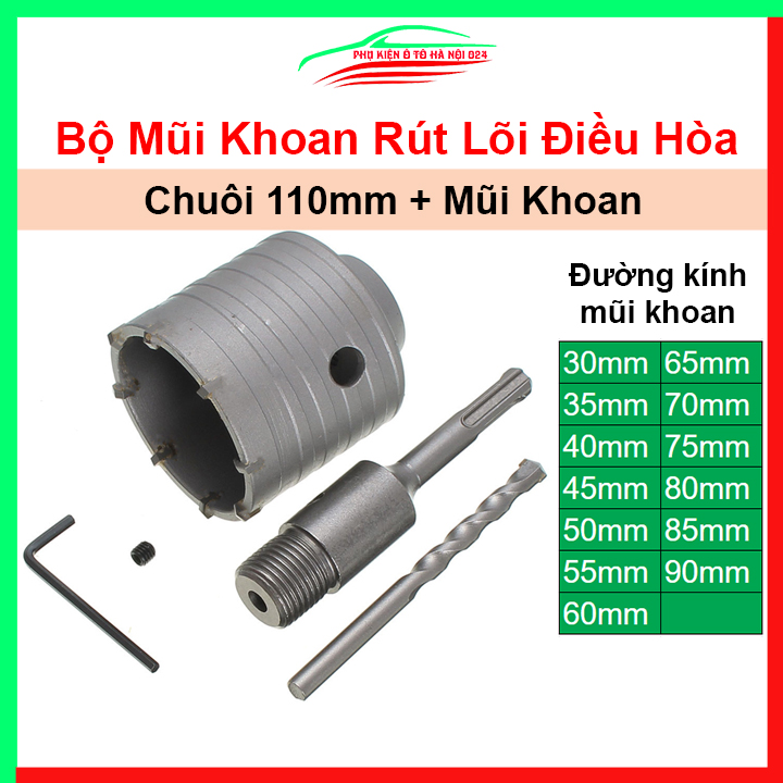 Bộ mũi khoan rút lõi điều hòa kèm chuôi 110mm khoét lỗ, rút lõi bê tông, tường gạch đủ kích cỡ 30mm-90mm