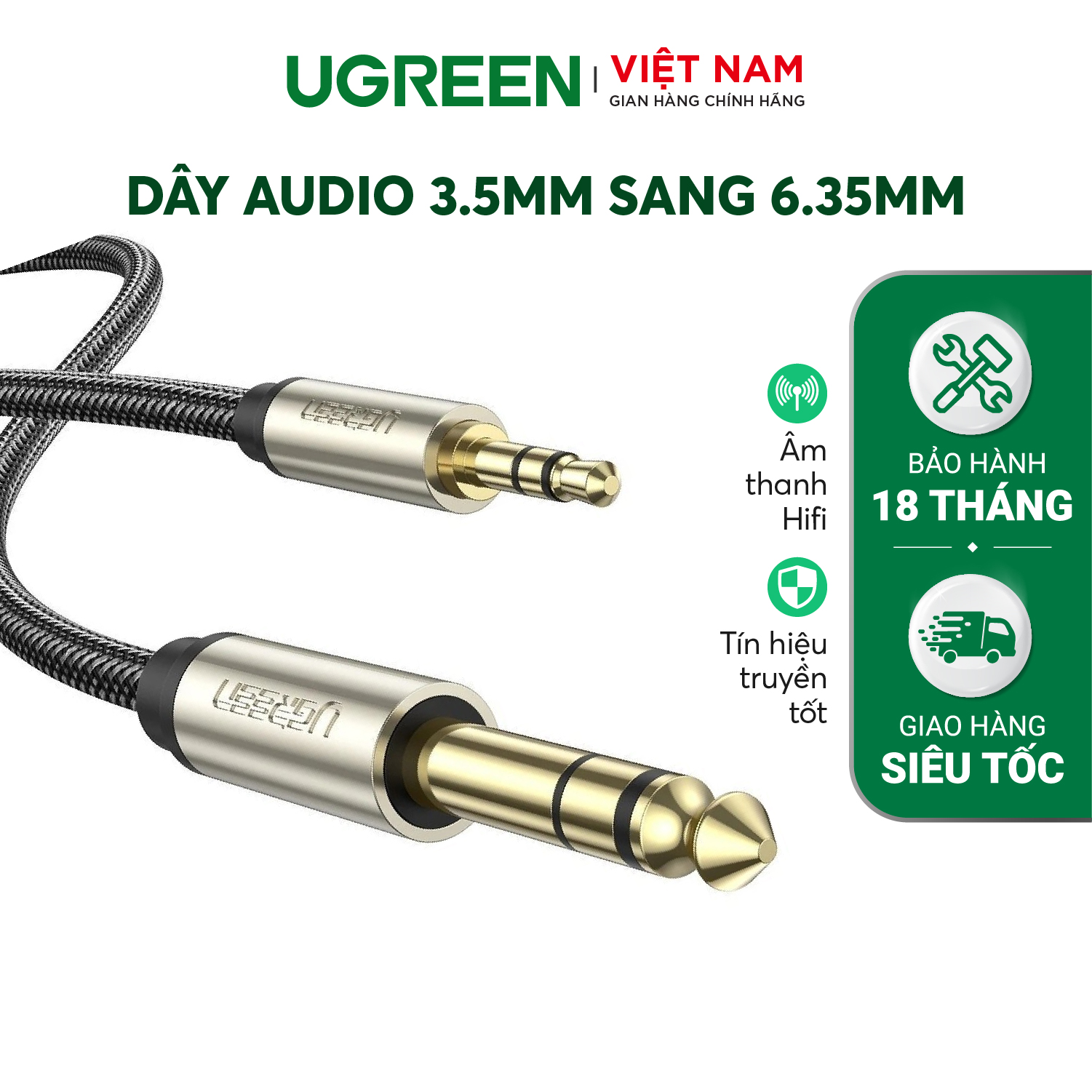 Dây âm thanh 3.5mm đực sang 6.5mm mạ vàng 24k cao cấp dài 1.5M UGREEN AV127 10627 - Hãng phân phối chính thức