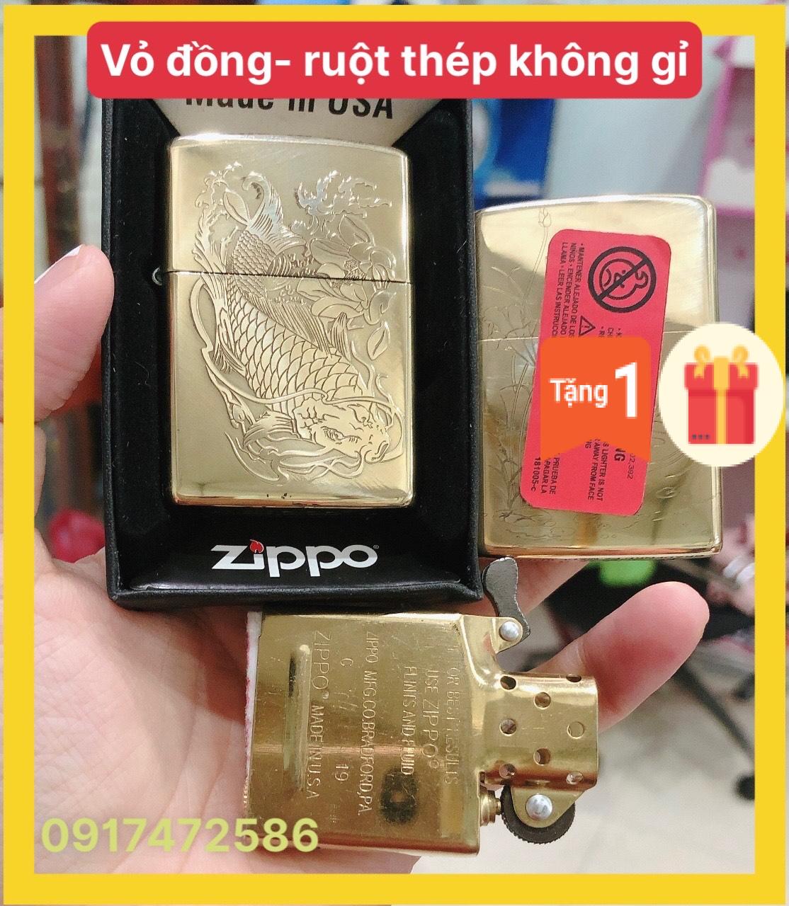 BẬT LỬA ZIPPO Amorr Vỏ dầy KHẮC ĂN MÒN 2 MẶT HÌNH CÁ CHÉP HOÁ RỒNG- Vỏ đồng có tem đỏ