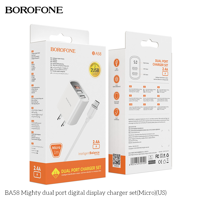 Bộ sạc cáp 2.4a borofone ba58 đèn led 2 cổng usb, đầu lightning, micro, type-c dây dài 1m - chính hãng