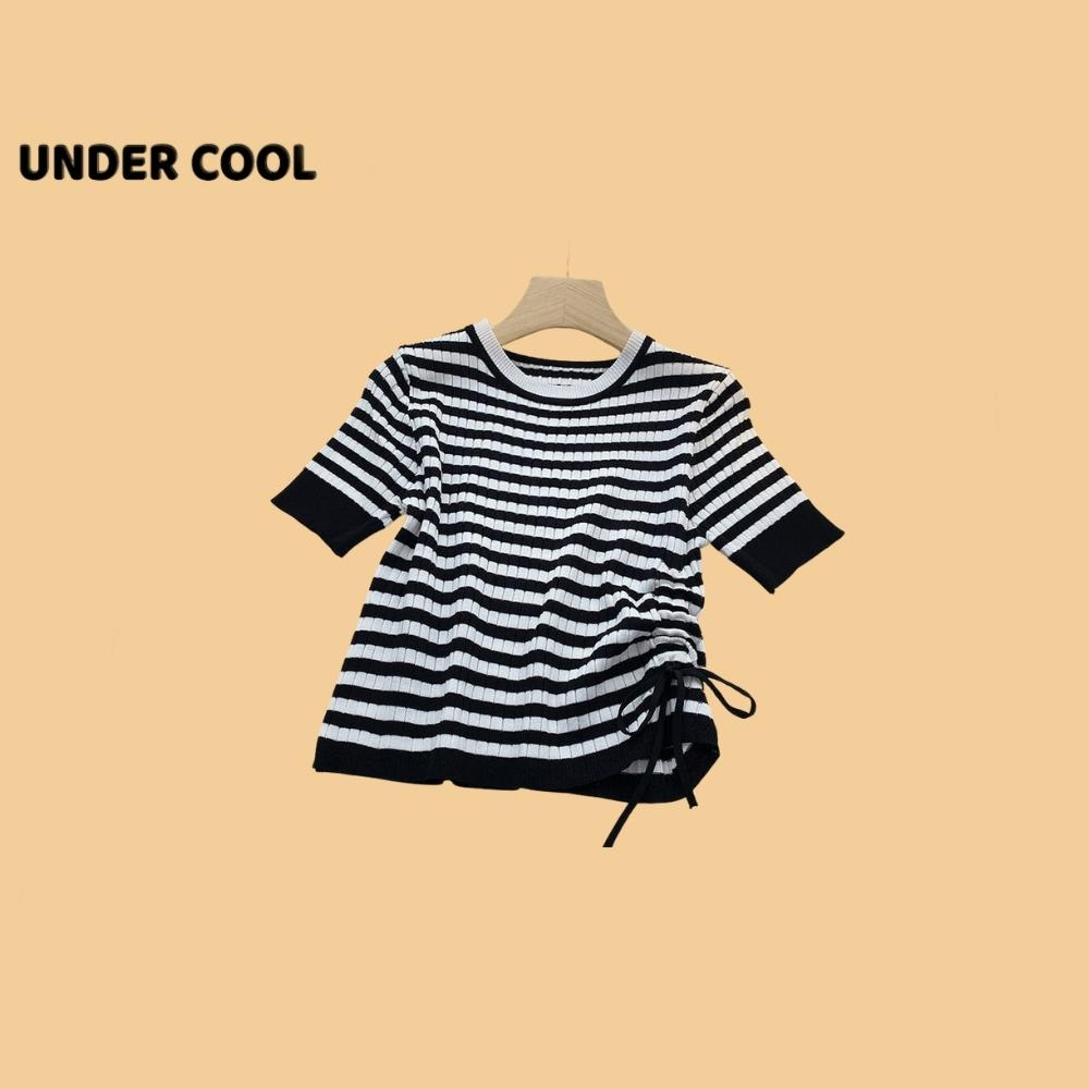 Áo cộc nữ cổ tròn len tăm undercool kẻ sọc ngang rút eo ôm dáng