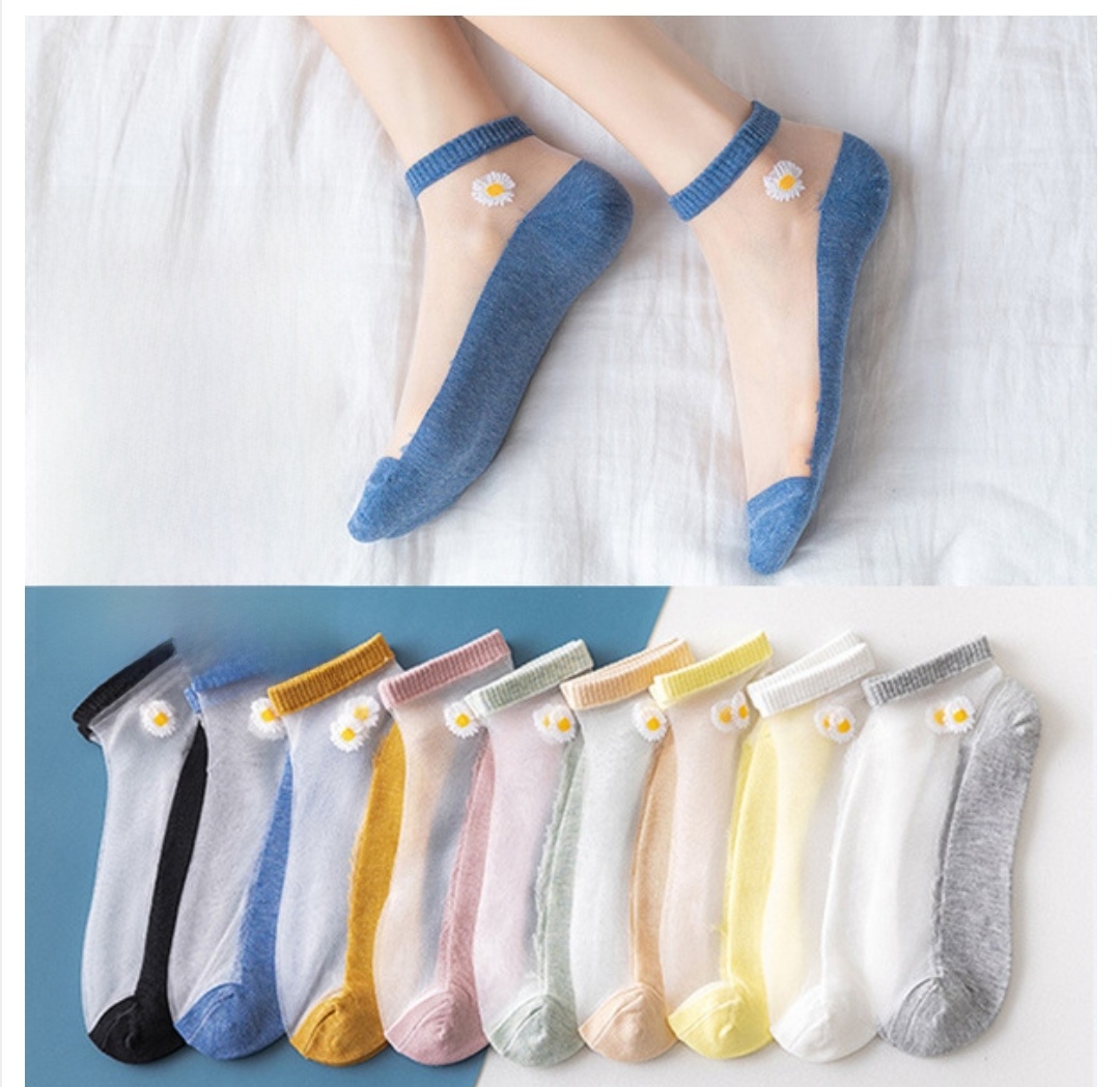 1 Pair Daisy Flower Transparent Crystal Socks For Women