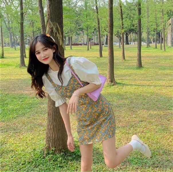 Sét yếm váy HOA kèm áo thời trang Hàn Quốc, Sét đầm yếm UMI kèm áo trắng lên dáng siêu đẹp siêu cute,sét yếm hoa,yếm dự tiệc MTB