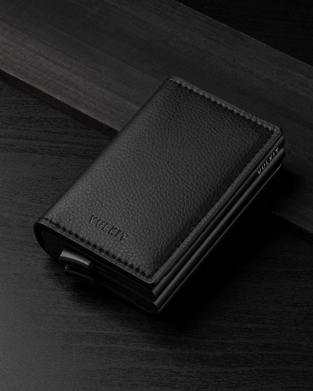 VULKIT Pop Up Wallet Automatic Leather Slim Credit Card Holder RFID  Blocking Metal Double Card Case for Men and Women Carbon Fiber Black