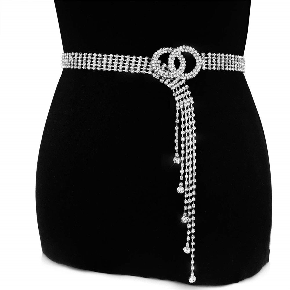 TI9P Thời trang Quà Dây thắt lưng O-Ring Tua lấp lánh Đai thắt lưng pha lê Dây đai xích Rhinestone