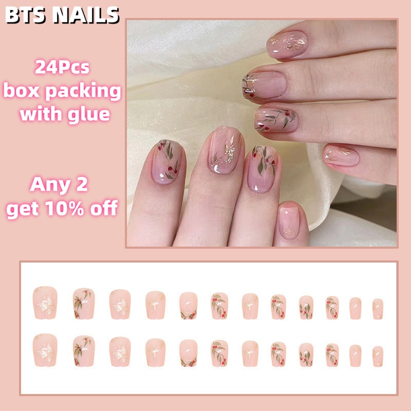 BTS%E3%80%90WITH%20GLUE%E3%80%9124Pcs%20Flower%20Fake%20Nails%20DIY%20Art%20Design%20False%20Nails%20Wearable%20Nails%20Stylish%20Pattern%20Artificial%20Nails%20-%20Image%202