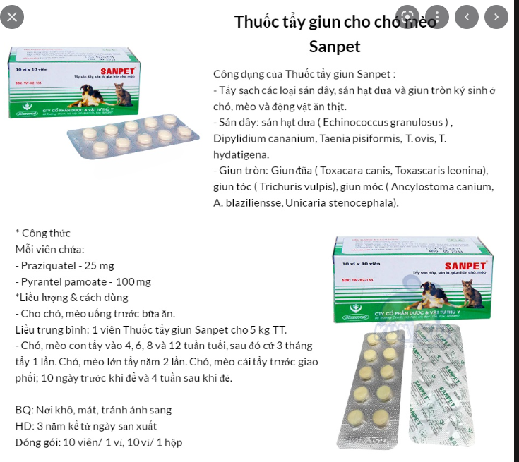 Thuốc sổ giun Sanpet cho chó mèo